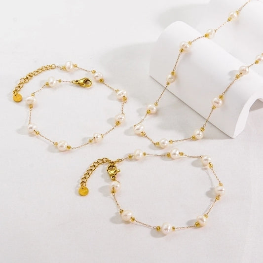 Ondes de Perles - Freshwater Pearl Necklace, Bracelet, Anklet 14k Gold